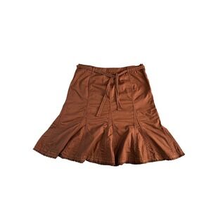 French Cuff Brown 100%Cotton Paneled Midi Skirt Crochet Trim Boho A-Line Size 16